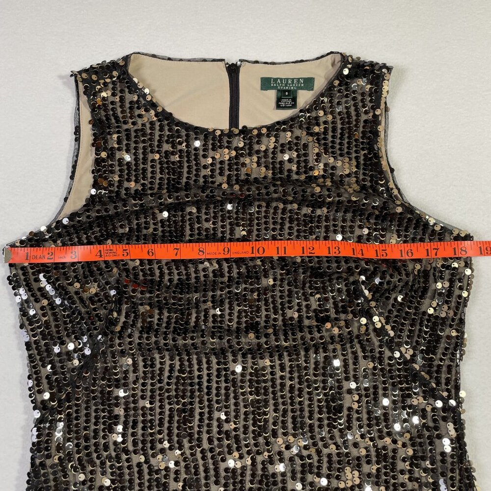 Lauren Ralph Sequins Evening Cocktail Dress Sleeveless Black Tan Gold Size 8 - Picture 10 of 16